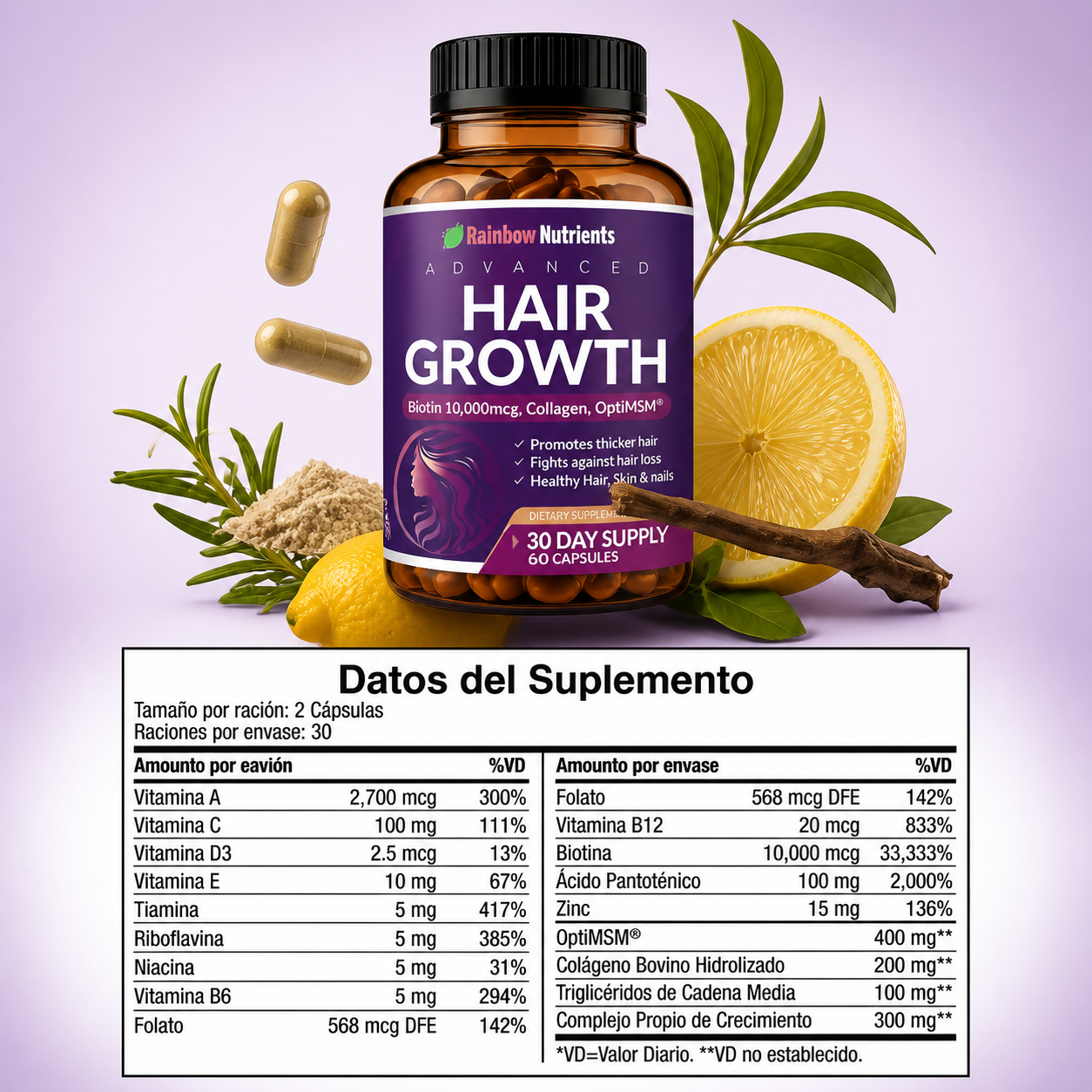 TRATAMIENTO PARA EL CRECIMIIENTO DEL CABELLO Y PREVENCION DE LA CAÍDA - HAIR GROWTH + 144 PARCHES ELIMINA VERRUGAS (GRATIS)