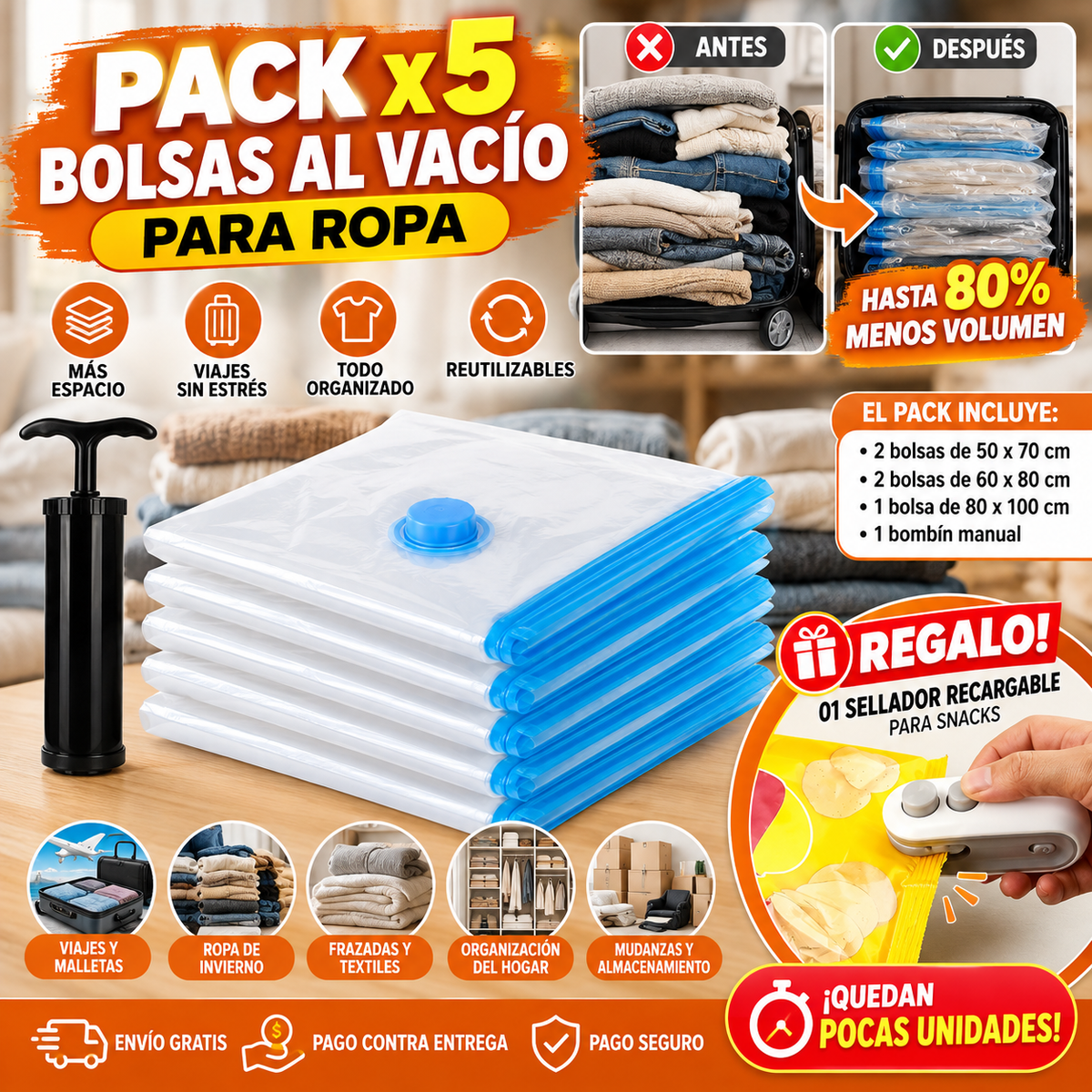 PACK x5 Bolsas al Vacío para ropa + 01 Sellador Recargable REGALO!