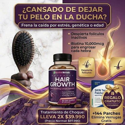 TRATAMIENTO PARA EL CRECIMIIENTO DEL CABELLO Y PREVENCION DE LA CAÍDA - HAIR GROWTH + 144 PARCHES ELIMINA VERRUGAS (GRATIS)