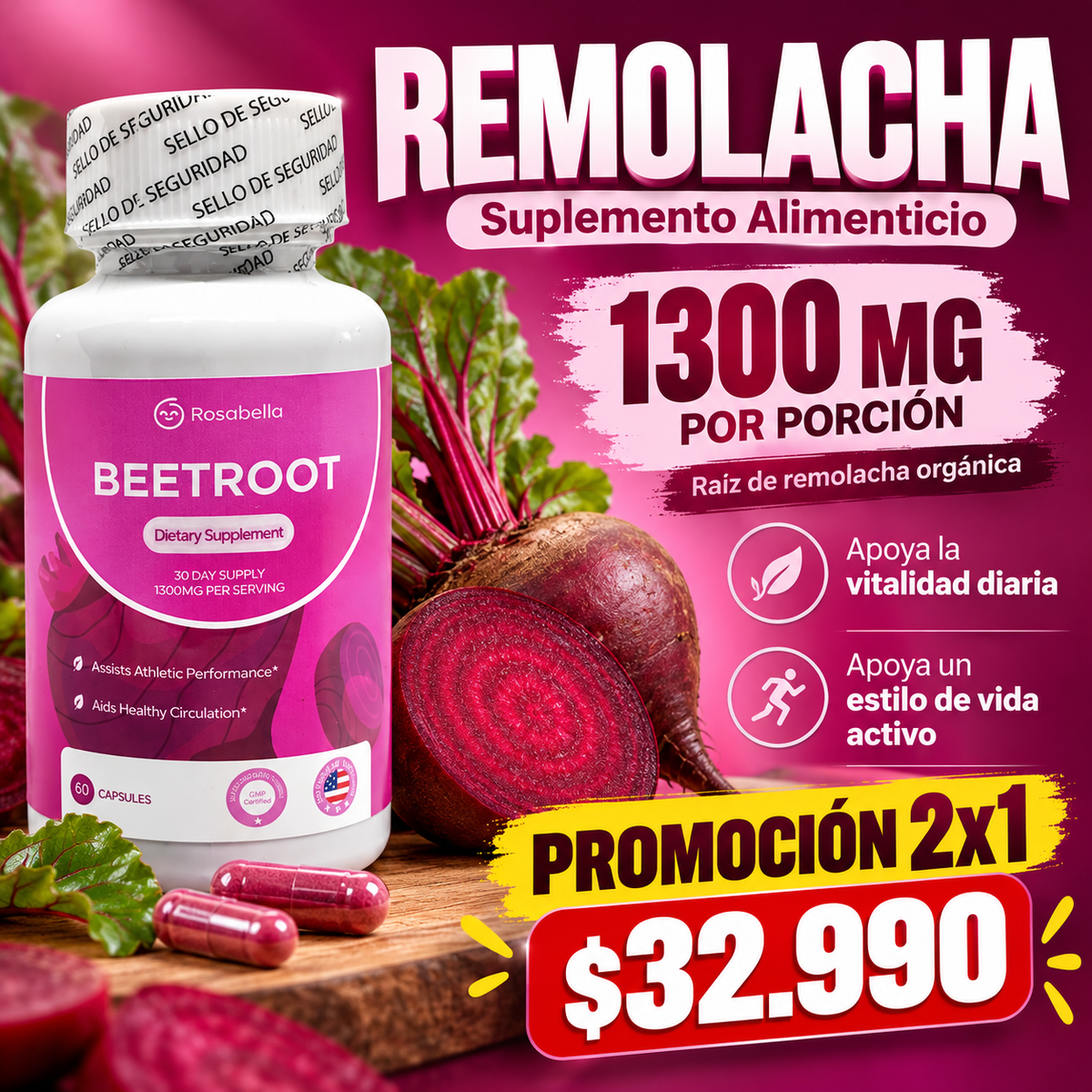 BEET VITAL+ Cápsulas de raíz de remolacha orgánica  1.300 mg