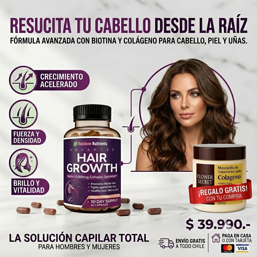 TRATAMIENTO PARA EL CRECIMIIENTO DEL CABELLO Y PREVENCION DE LA CAÍDA - 02 HAIR GROWTH + 01 CREMA  CAPILAR CON COLAGENO (GRATIS)