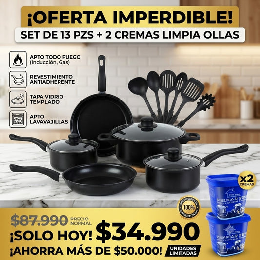 PROMO CHEF EN CASA: SET DE COCINA 13 PIEZAS + 02 CREMAS MULTIUSO PARA OLLAS